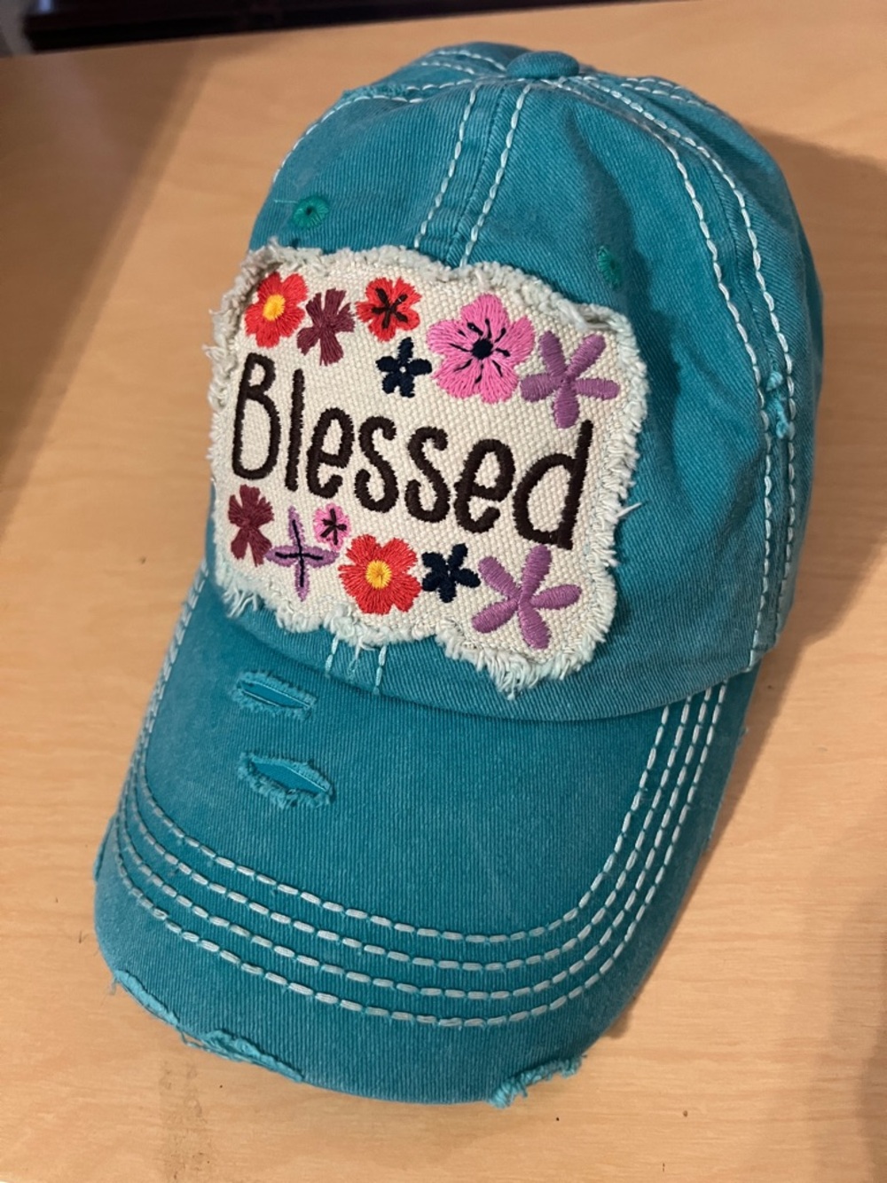 Blessed Embroidered Floral Patch Teal Baseball Cap